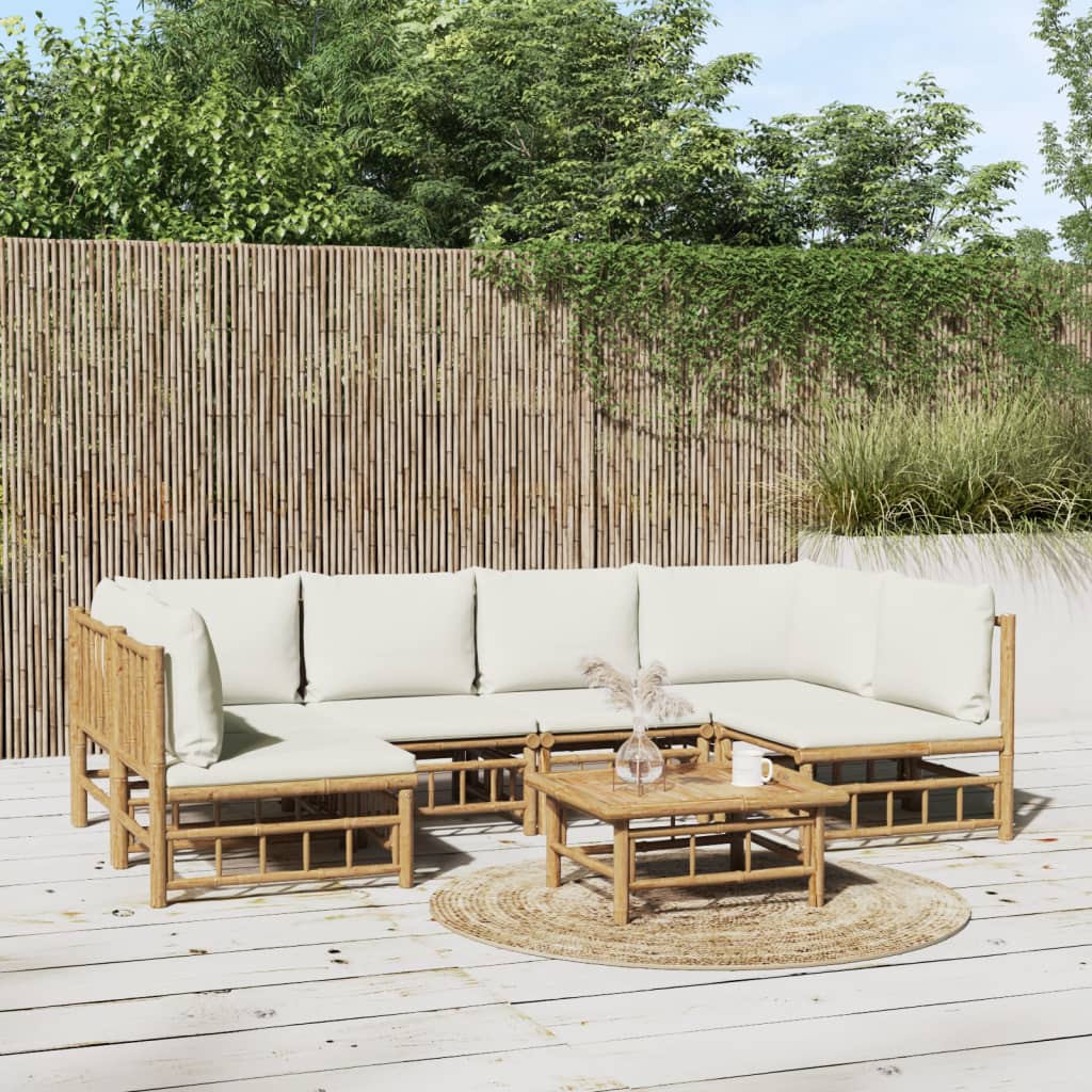 vidaXL 7 Piece Patio Lounge Set with Cream White Cushions Bamboo-0