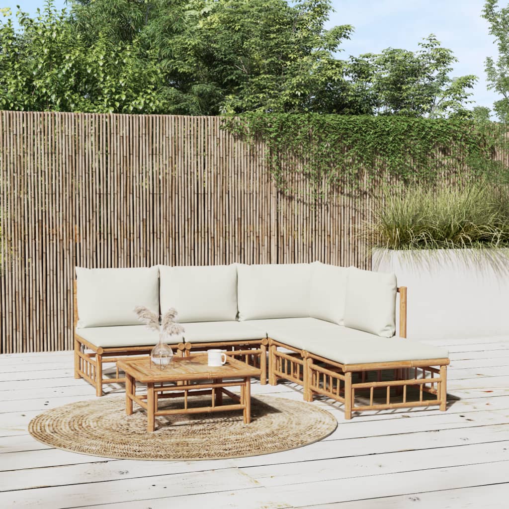 vidaXL 6 Piece Patio Lounge Set with Cream White Cushions Bamboo-0