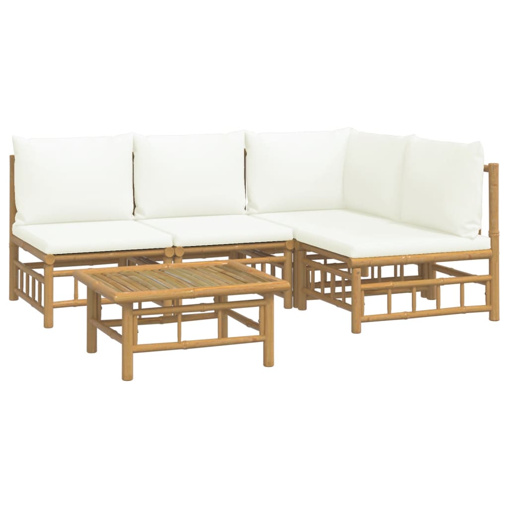 vidaXL 5 Piece Patio Lounge Set with Cream White Cushions Bamboo-1