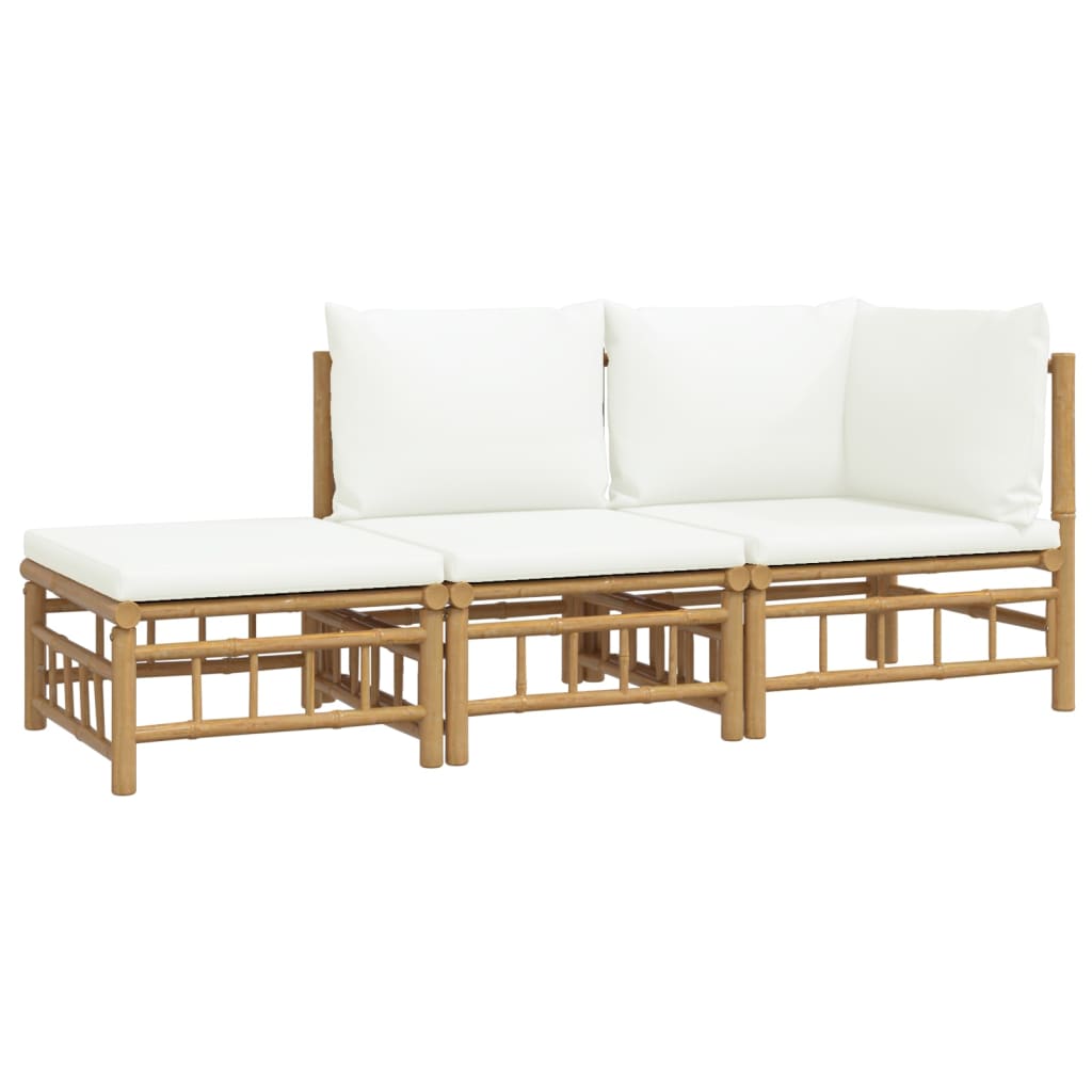 vidaXL 3 Piece Patio Lounge Set with Cream White Cushions Bamboo-1