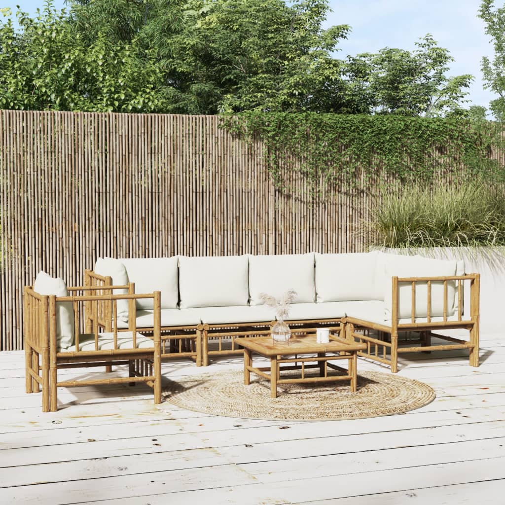 vidaXL 7 Piece Patio Lounge Set with Cream White Cushions Bamboo-0