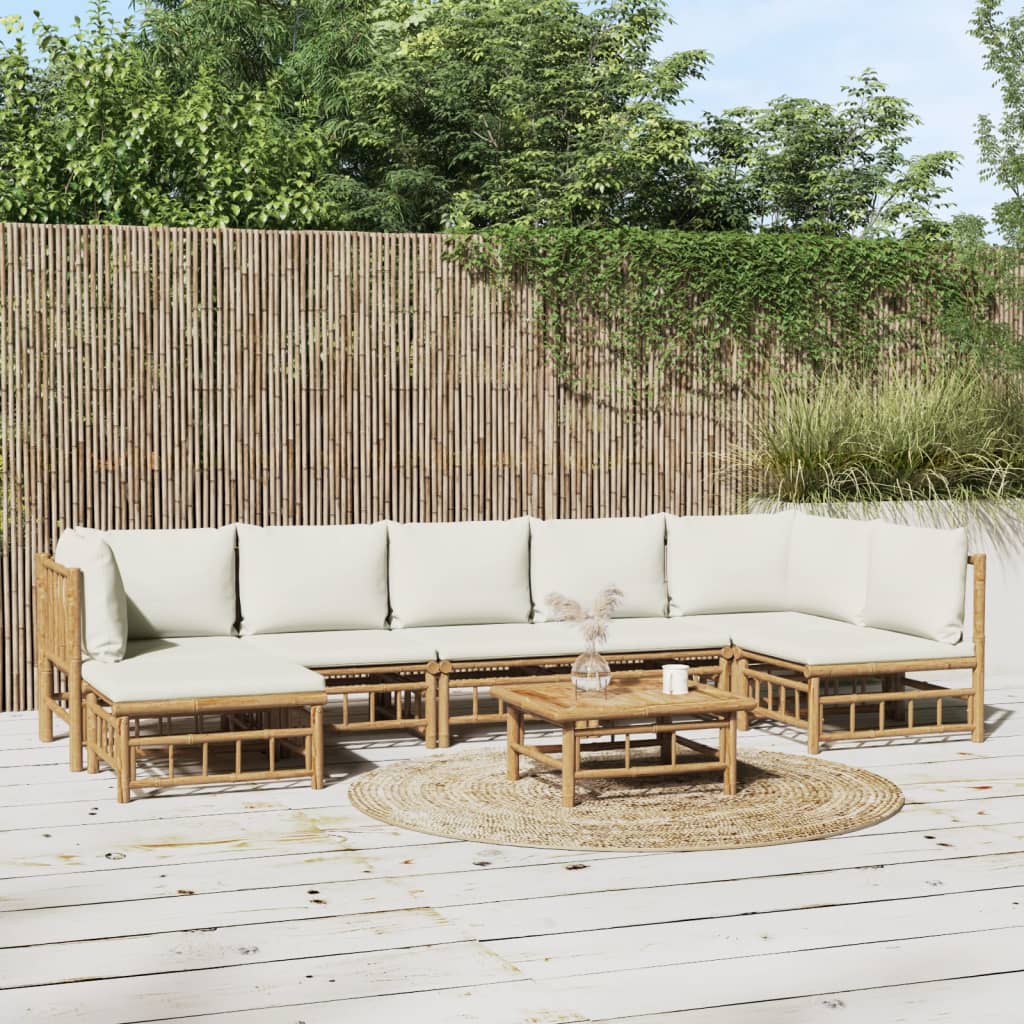 vidaXL 8 Piece Patio Lounge Set with Cream White Cushions Bamboo-0