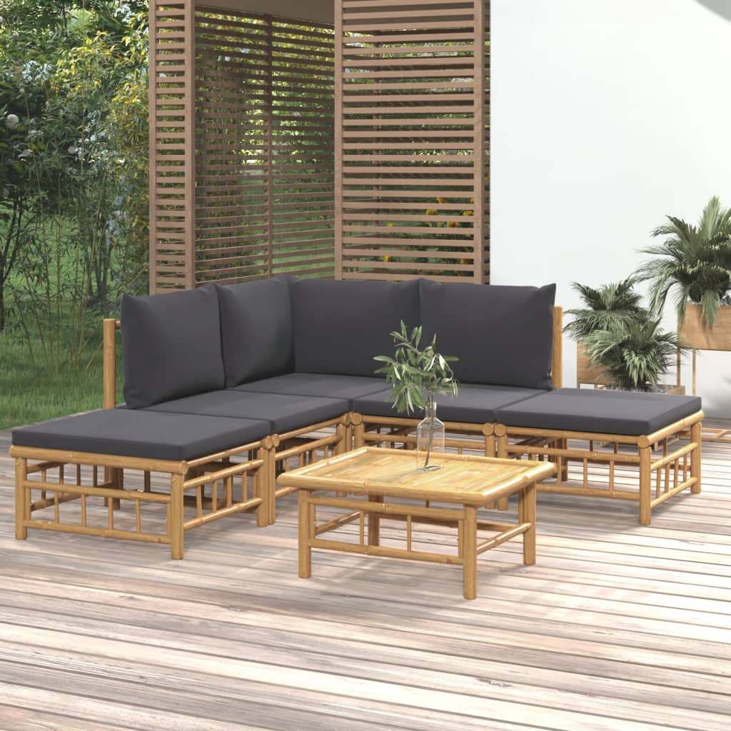 vidaXL 6 Piece Patio Lounge Set with Dark Gray Cushions Bamboo-0