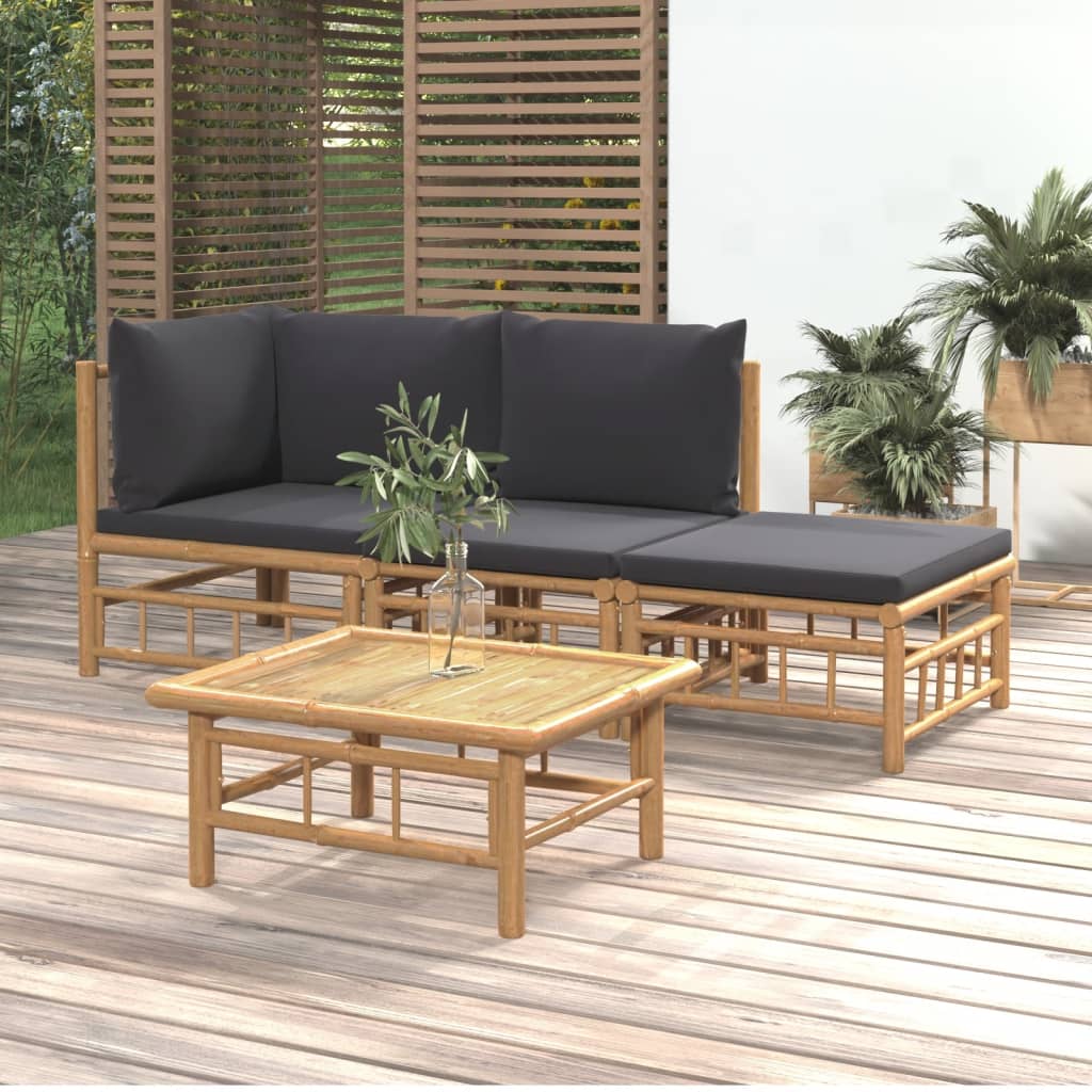 vidaXL 4 Piece Patio Lounge Set with Dark Gray Cushions Bamboo-0