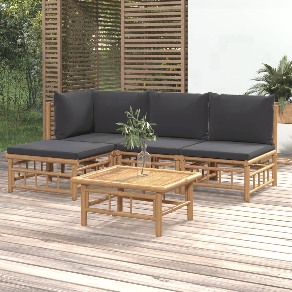 vidaXL 5 Piece Patio Lounge Set with Dark Gray Cushions Bamboo-0