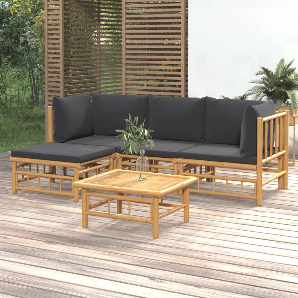 vidaXL 5 Piece Patio Lounge Set with Dark Gray Cushions Bamboo-0