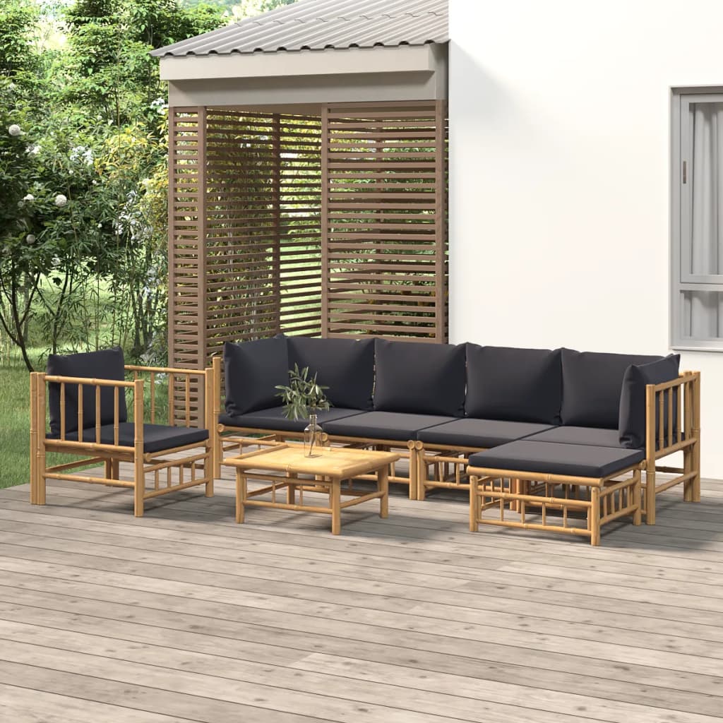 vidaXL 7 Piece Patio Lounge Set with Dark Gray Cushions Bamboo-0