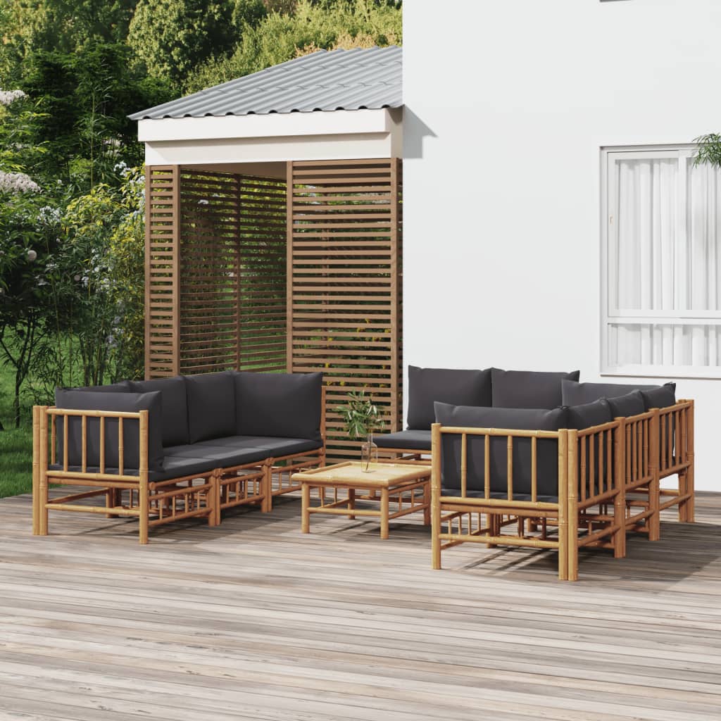 vidaXL 9 Piece Patio Lounge Set with Dark Gray Cushions Bamboo-0