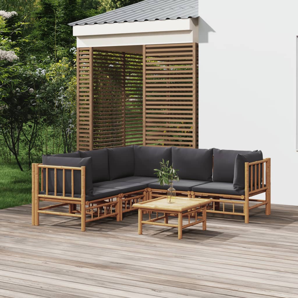 vidaXL 6 Piece Patio Lounge Set with Dark Gray Cushions Bamboo-0