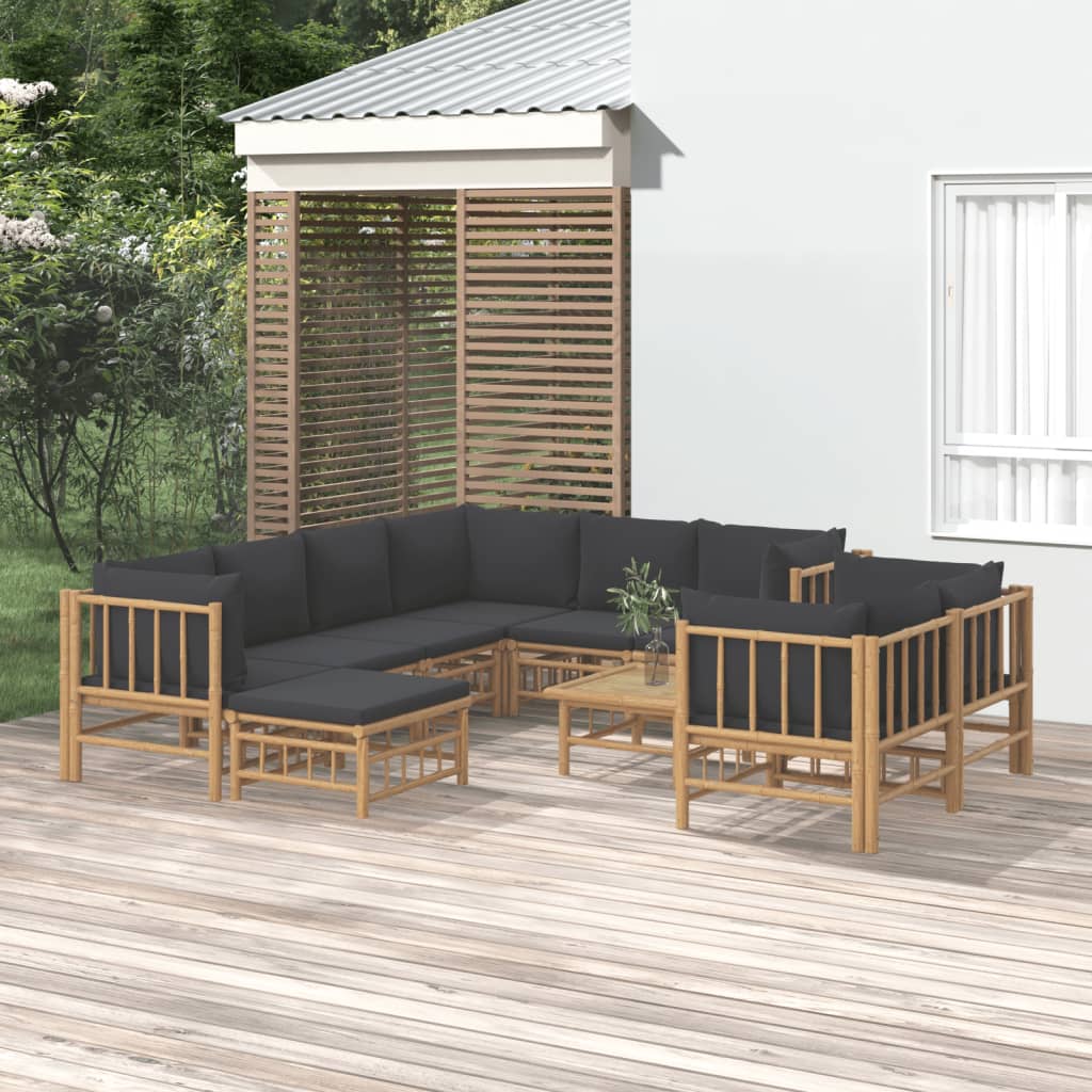 vidaXL 10 Piece Patio Lounge Set with Dark Gray Cushions Bamboo-0