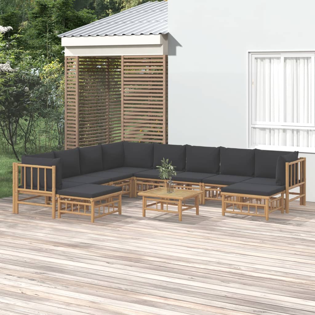 vidaXL 11 Piece Patio Lounge Set with Dark Gray Cushions Bamboo-0