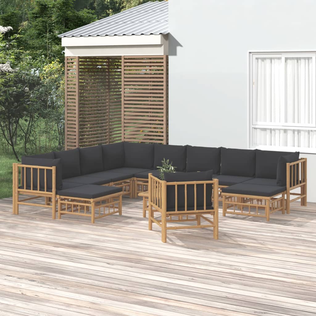 vidaXL 12 Piece Patio Lounge Set with Dark Gray Cushions Bamboo-0