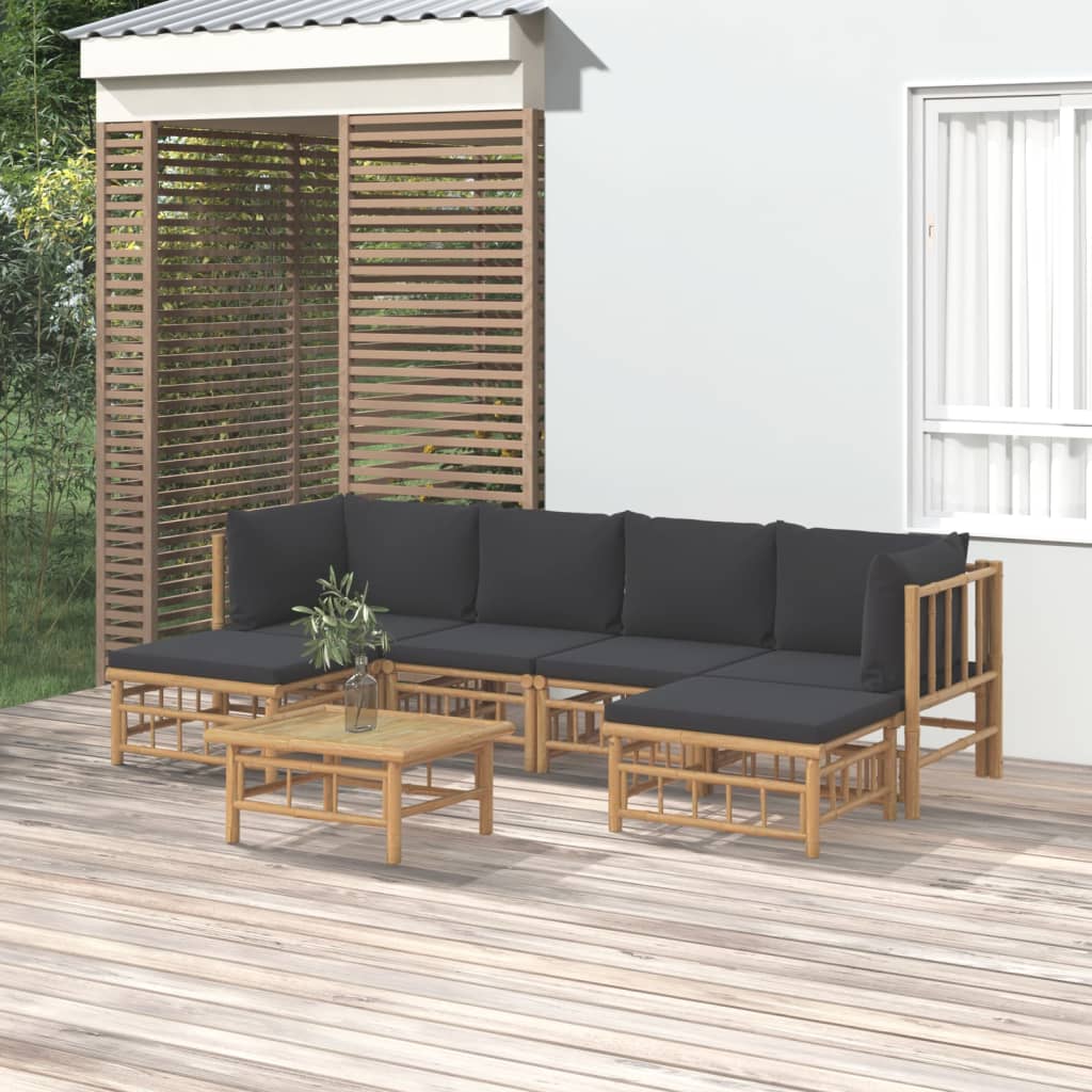 vidaXL 7 Piece Patio Lounge Set with Dark Gray Cushions Bamboo-0