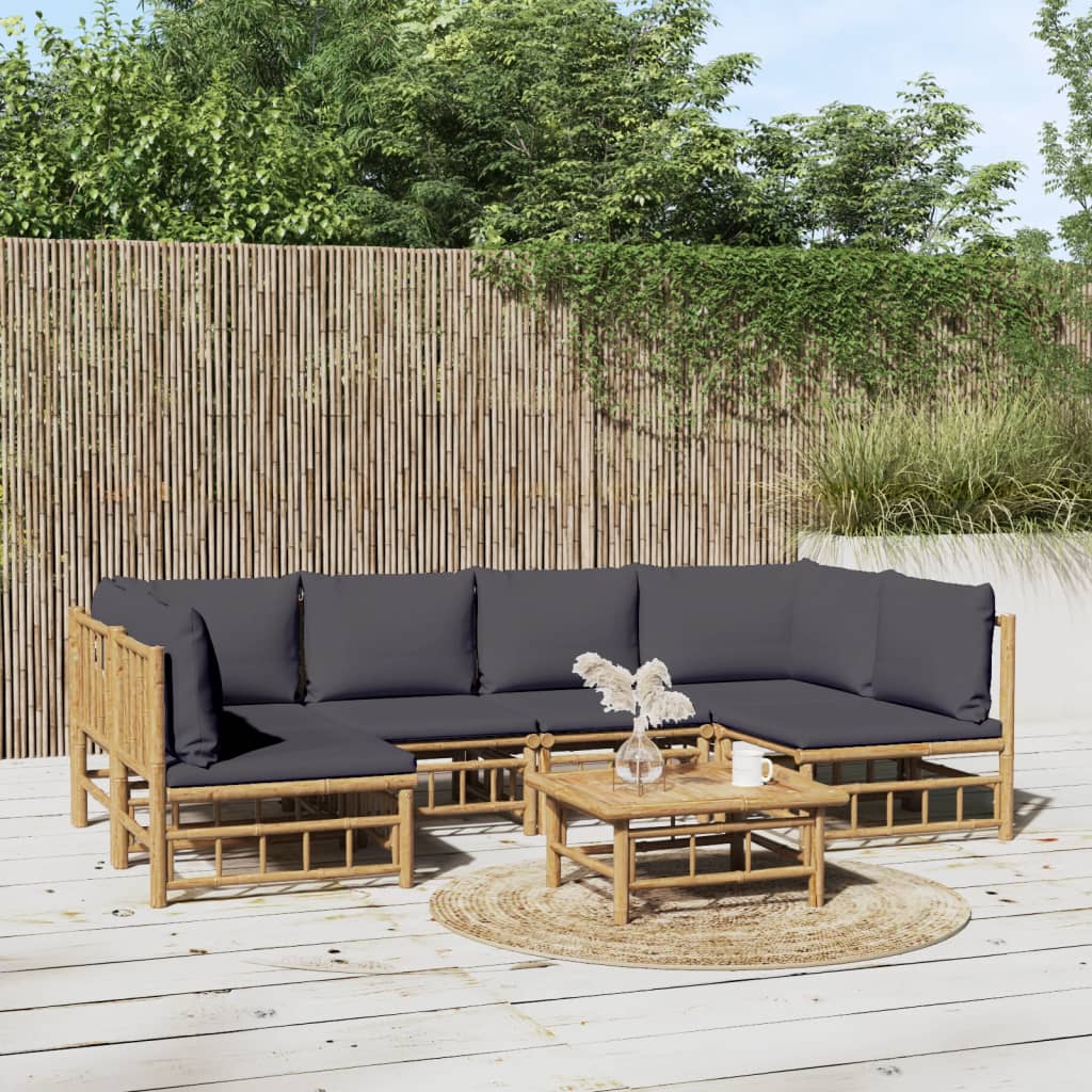 vidaXL 7 Piece Patio Lounge Set with Dark Gray Cushions Bamboo-0