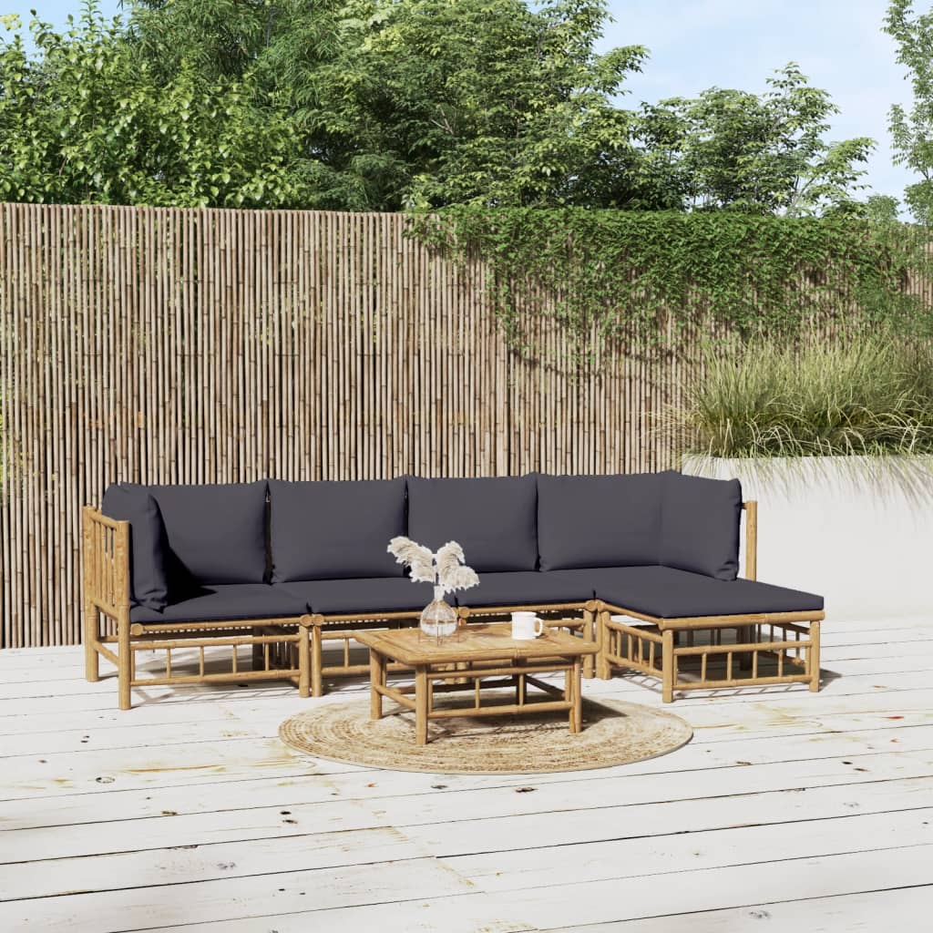 vidaXL 6 Piece Patio Lounge Set with Dark Gray Cushions Bamboo-0