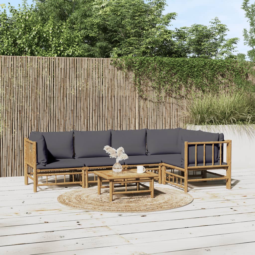 vidaXL 6 Piece Patio Lounge Set with Dark Gray Cushions Bamboo-0