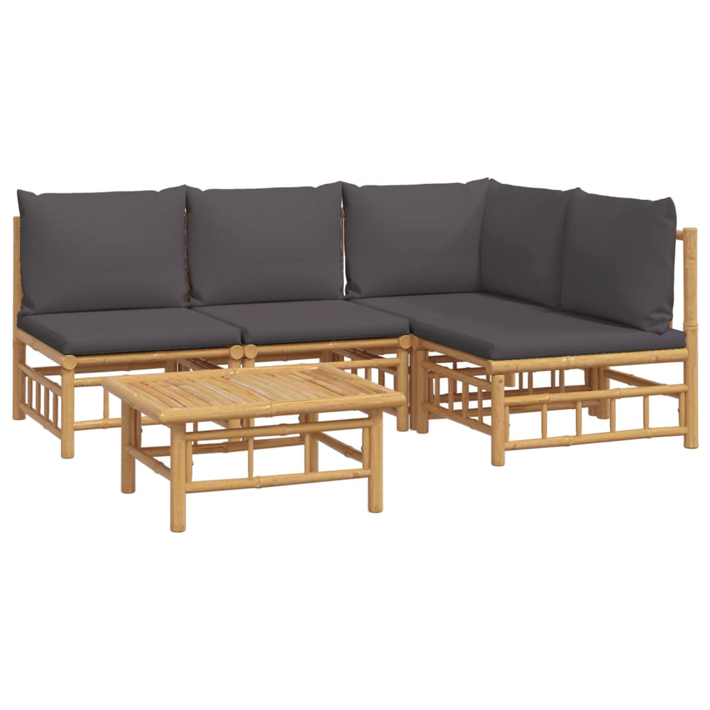 vidaXL 5 Piece Patio Lounge Set with Dark Gray Cushions Bamboo-1