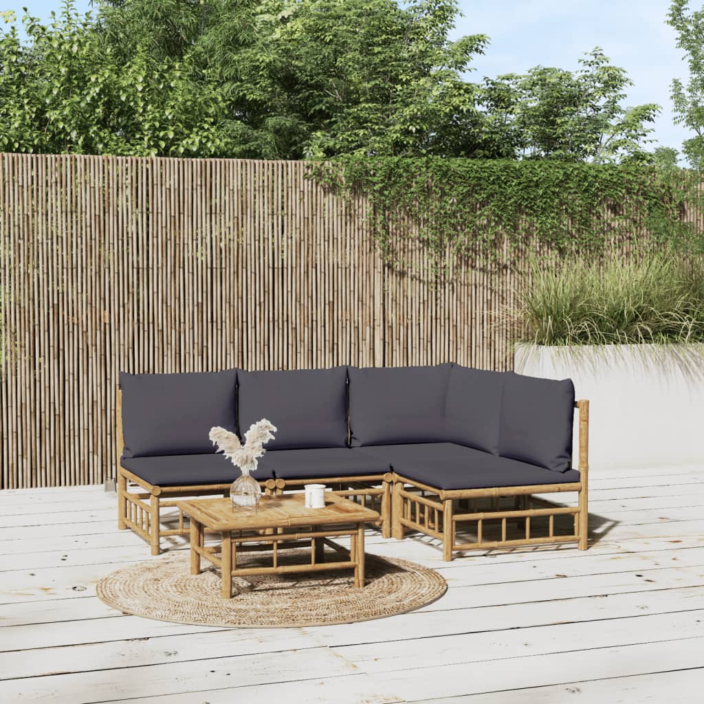 vidaXL 5 Piece Patio Lounge Set with Dark Gray Cushions Bamboo-0