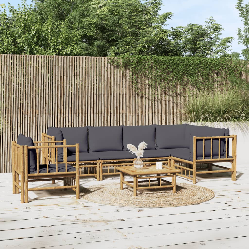 vidaXL 7 Piece Patio Lounge Set with Dark Gray Cushions Bamboo-0