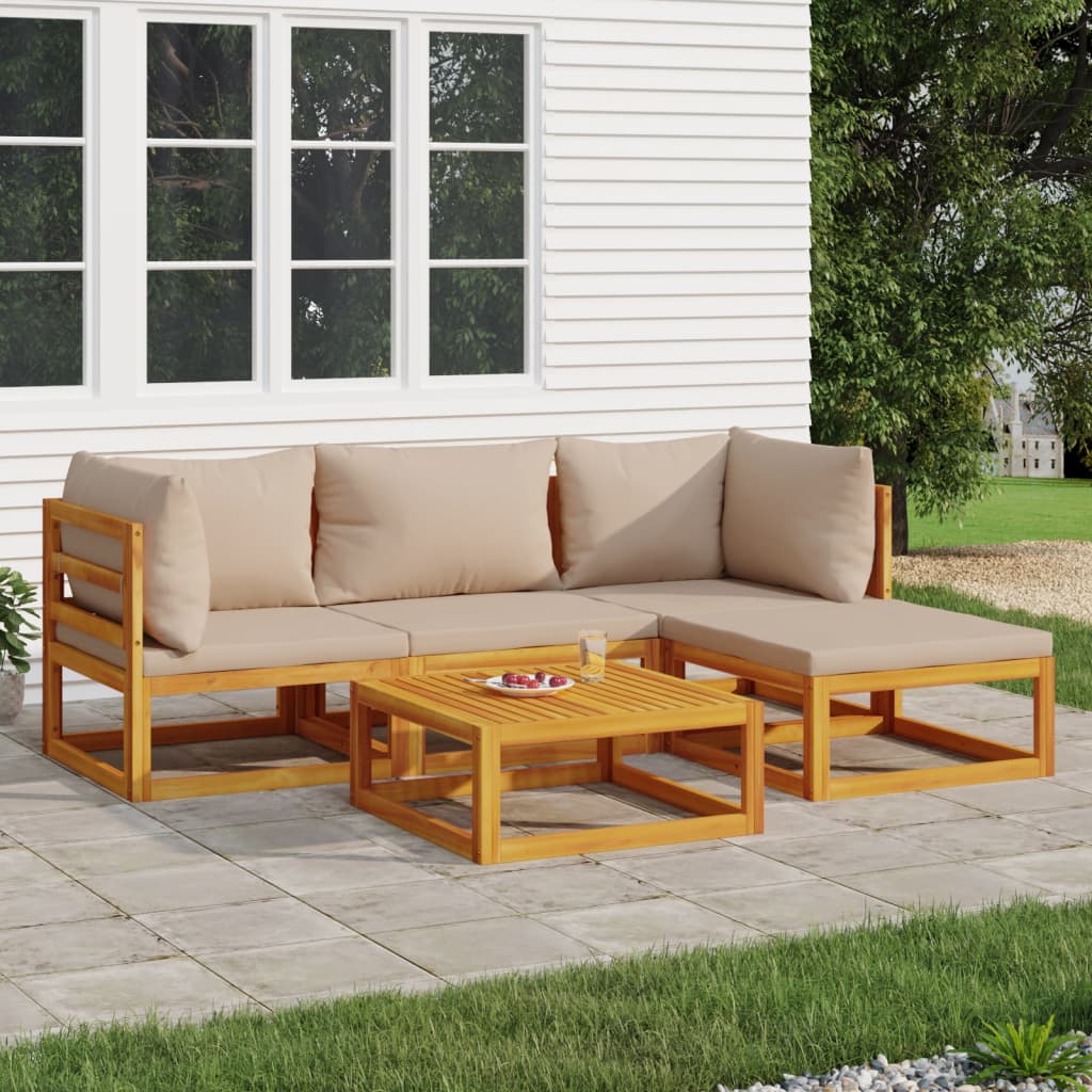 vidaXL 5 Piece Patio Lounge Set with Taupe Cushions Solid Wood-0