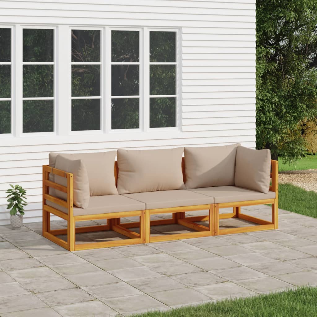 vidaXL 3 Piece Patio Lounge Set with Taupe Cushions Solid Wood-0