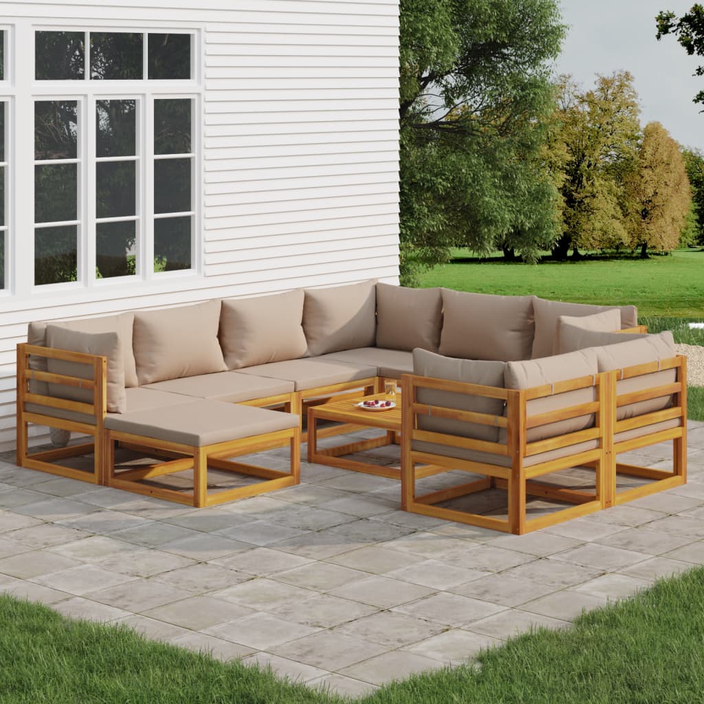 vidaXL 10 Piece Patio Lounge Set with Taupe Cushions Solid Wood-0