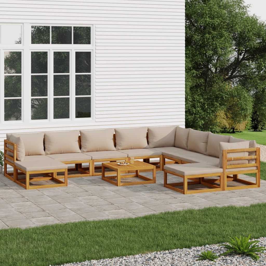 vidaXL 11 Piece Patio Lounge Set with Taupe Cushions Solid Wood-0