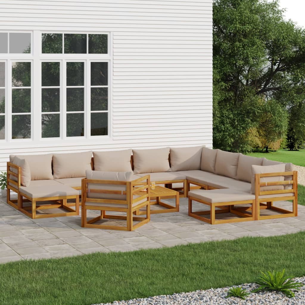 vidaXL 12 Piece Patio Lounge Set with Taupe Cushions Solid Wood-0