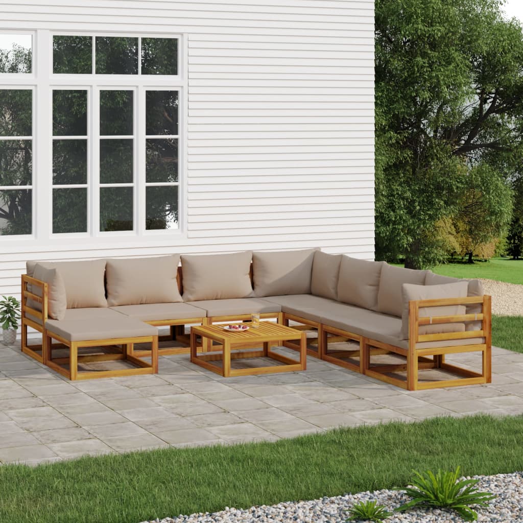 vidaXL 9 Piece Patio Lounge Set with Taupe Cushions Solid Wood-0