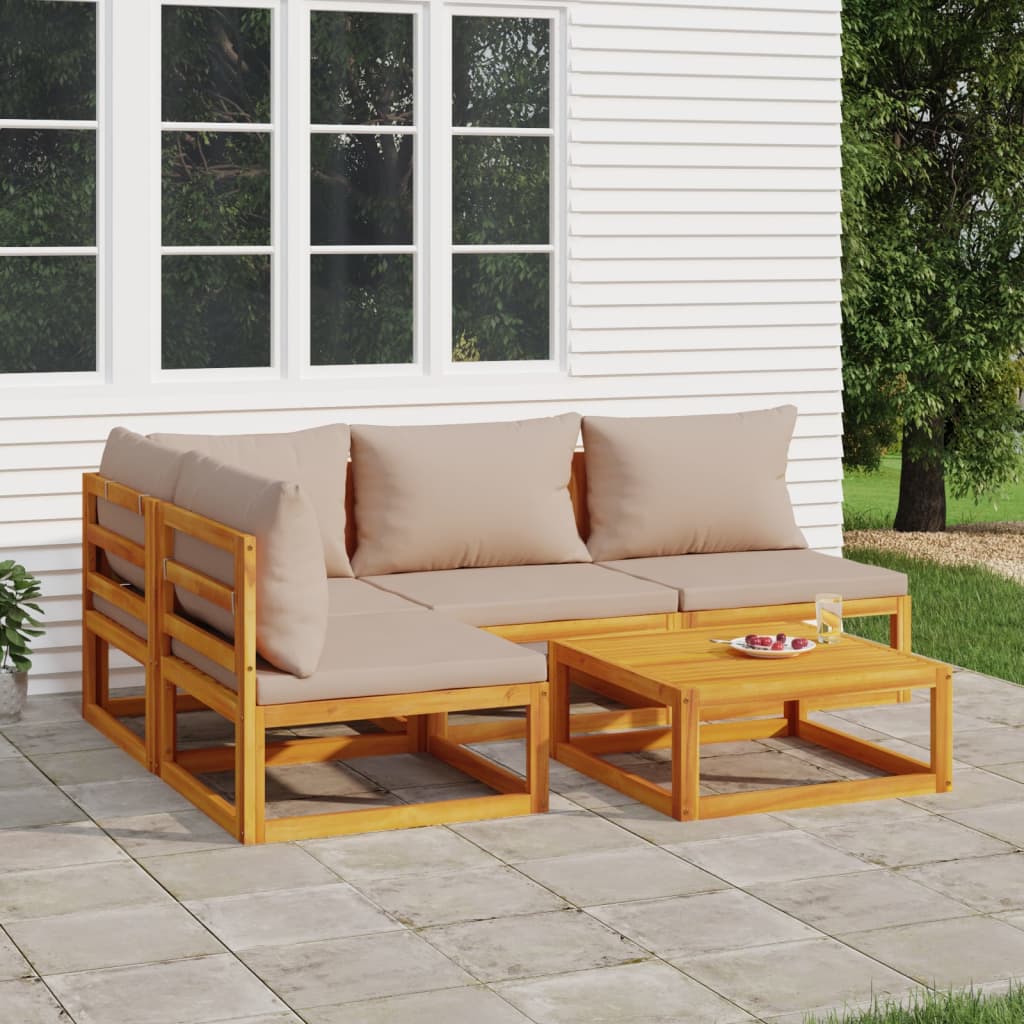 vidaXL 5 Piece Patio Lounge Set with Taupe Cushions Solid Wood-0