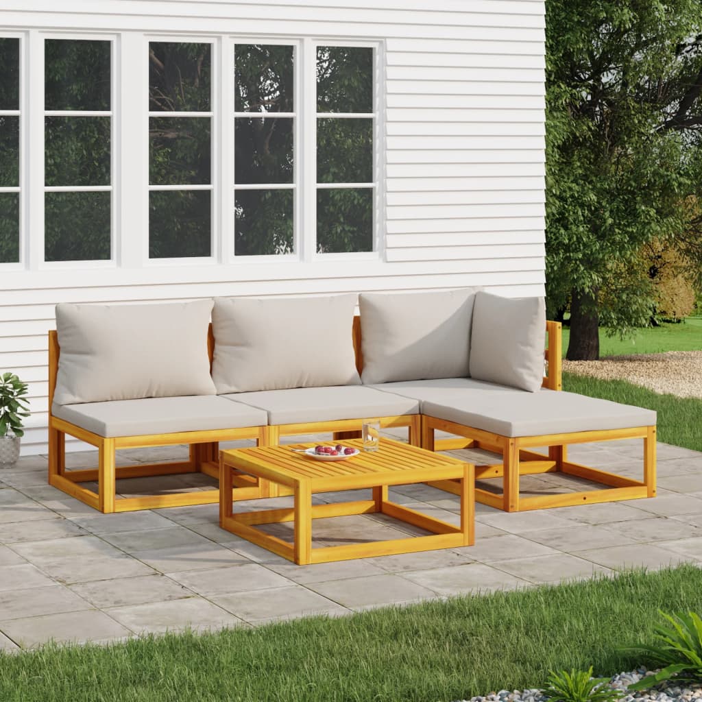 vidaXL 5 Piece Patio Lounge Set with Light Gray Cushions Solid Wood-0