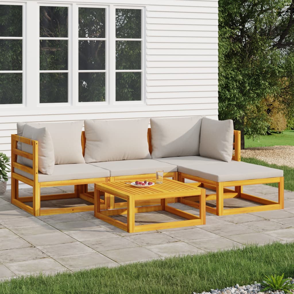 vidaXL 5 Piece Patio Lounge Set with Light Gray Cushions Solid Wood-0