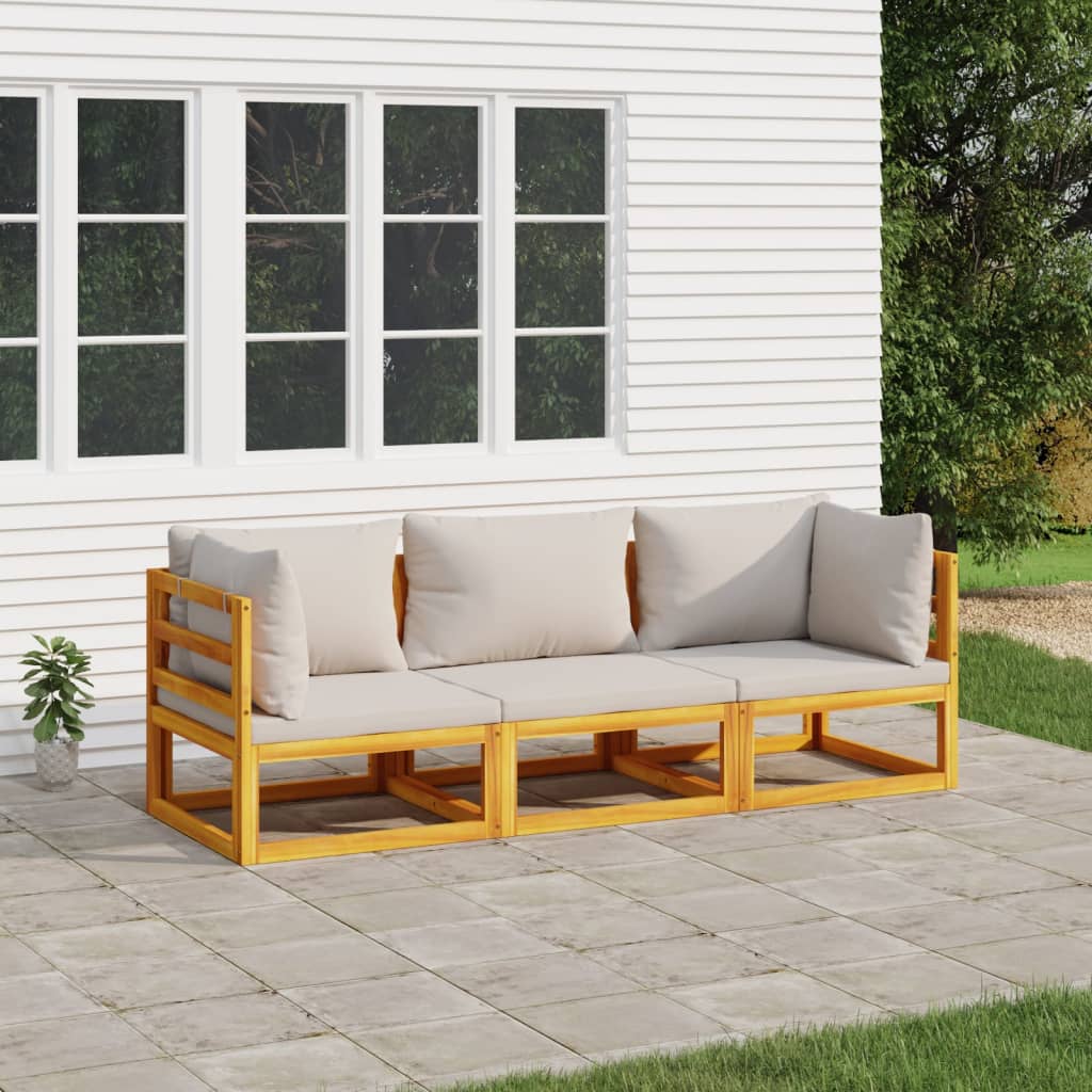 vidaXL 3 Piece Patio Lounge Set with Light Gray Cushions Solid Wood-0