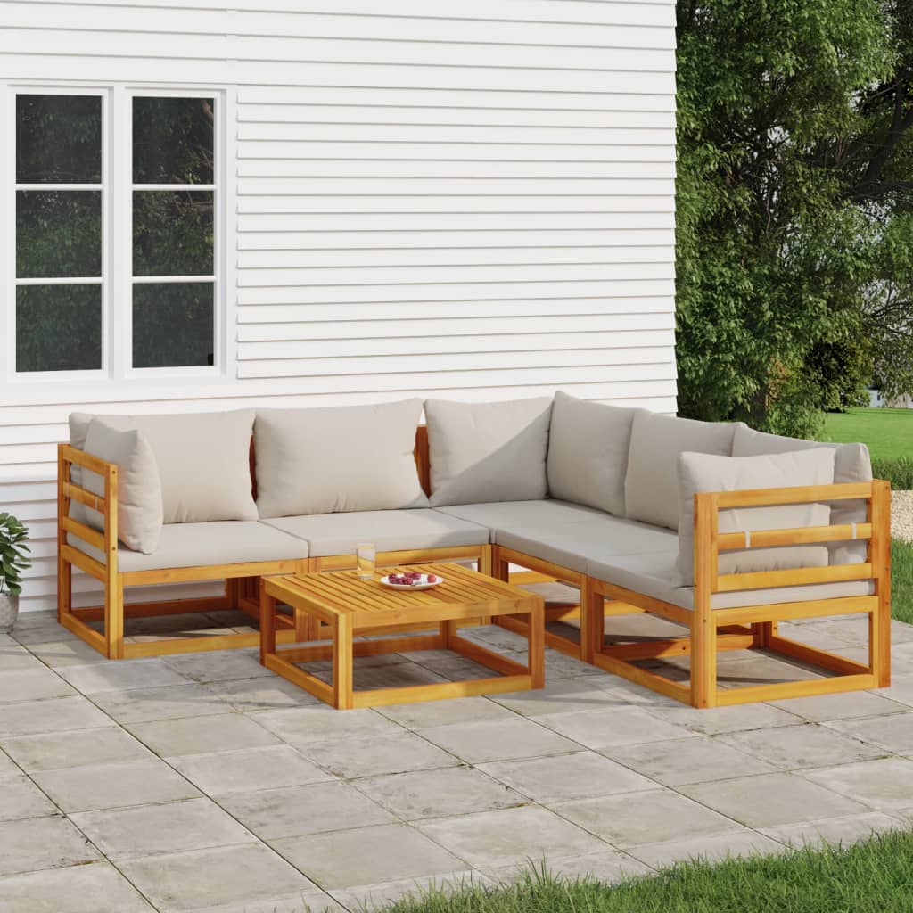 vidaXL 6 Piece Patio Lounge Set with Light Gray Cushions Solid Wood-0