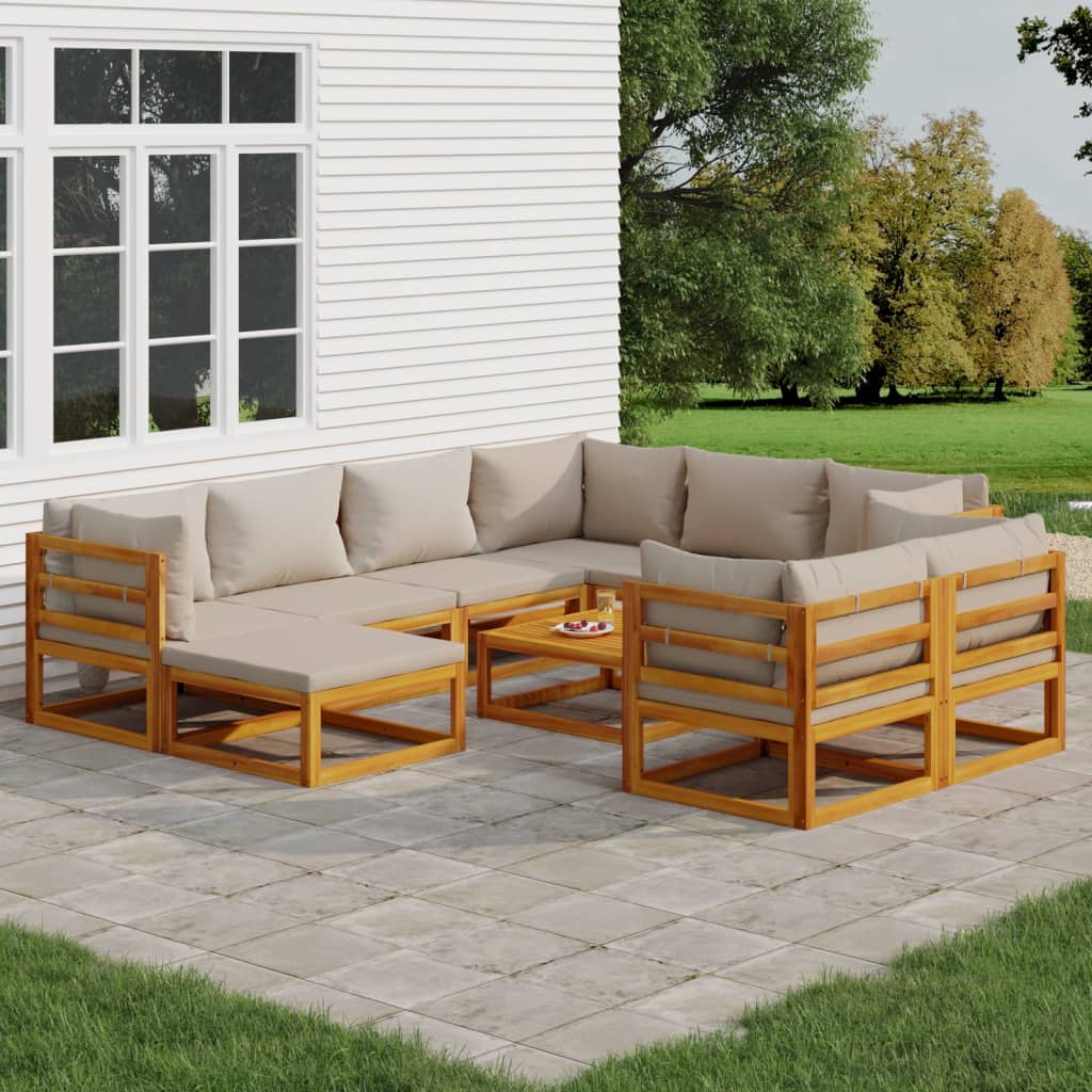 vidaXL 10 Piece Patio Lounge Set with Light Gray Cushions Solid Wood-0