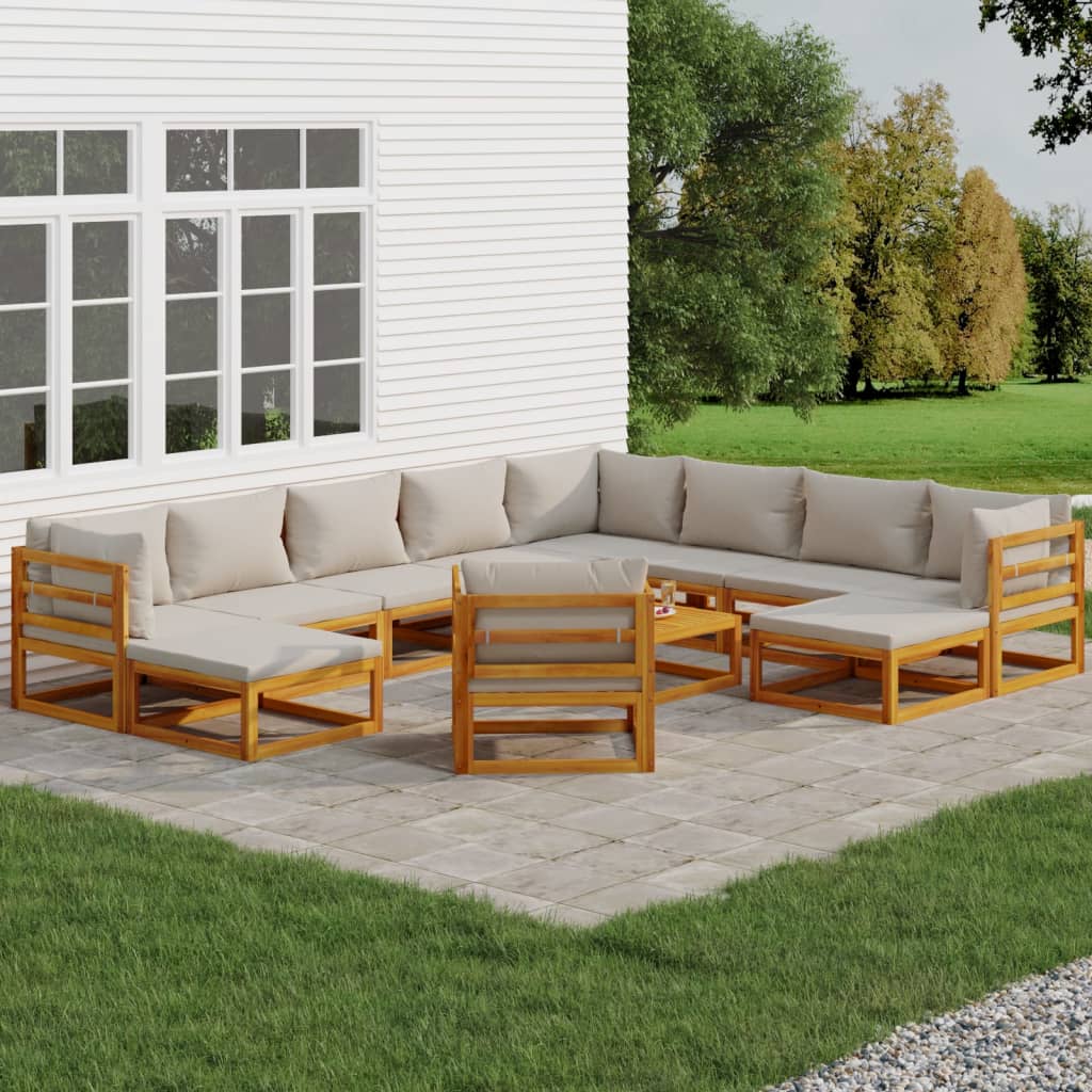 vidaXL 12 Piece Patio Lounge Set with Light Gray Cushions Solid Wood-0