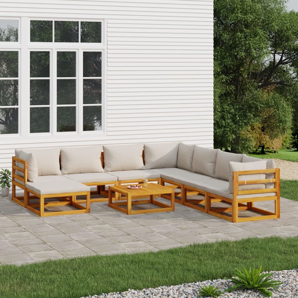 vidaXL 9 Piece Patio Lounge Set with Light Gray Cushions Solid Wood-0