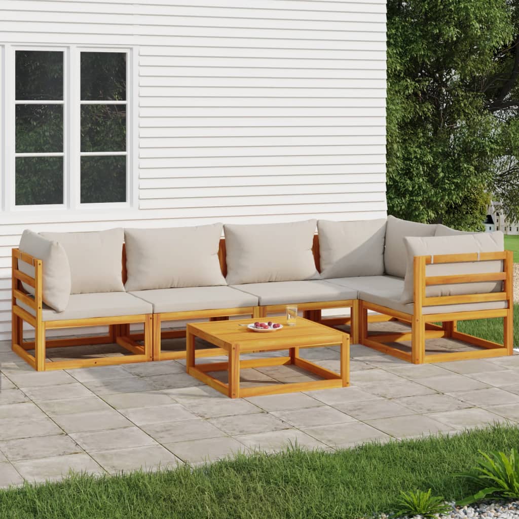 vidaXL 6 Piece Patio Lounge Set with Light Gray Cushions Solid Wood-0