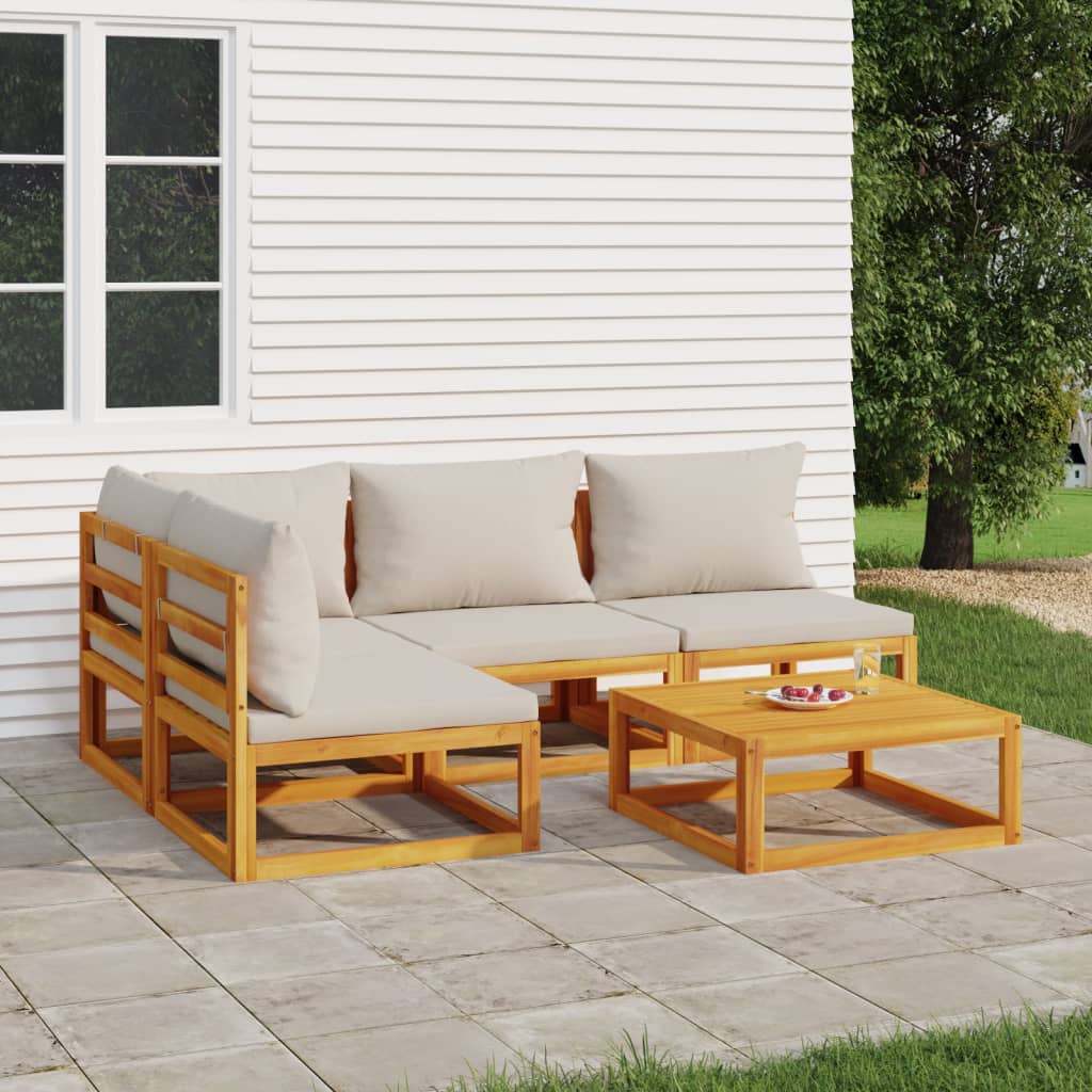 vidaXL 5 Piece Patio Lounge Set with Light Gray Cushions Solid Wood-0