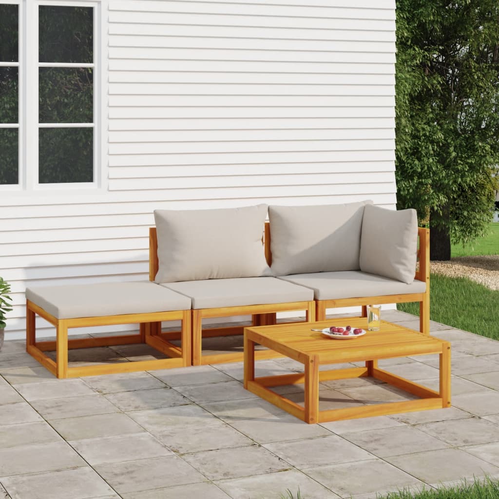 vidaXL 4 Piece Patio Lounge Set with Light Gray Cushions Solid Wood-0