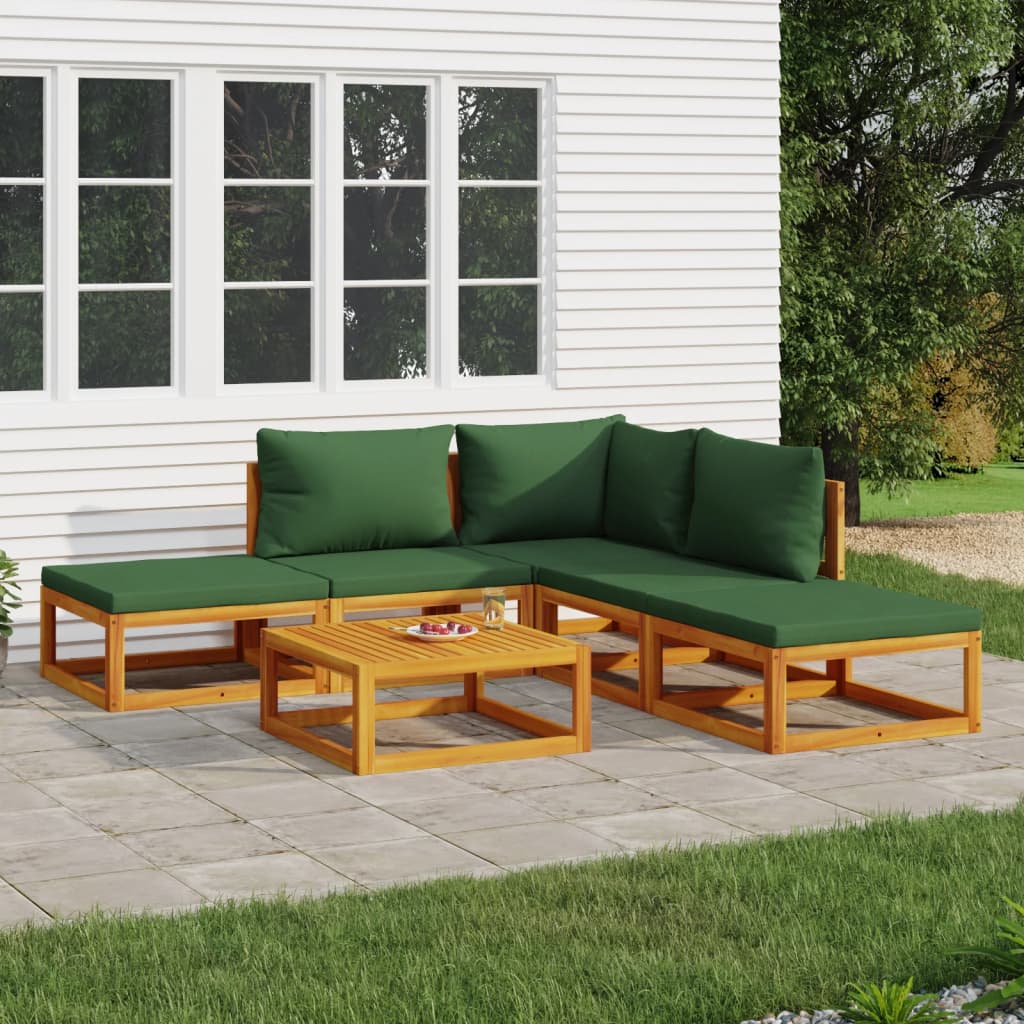 vidaXL 6 Piece Patio Lounge Set with Green Cushions Solid Wood-0