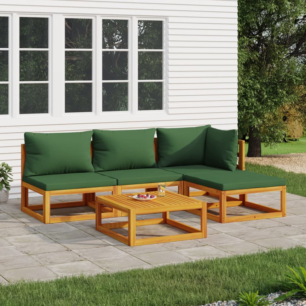 vidaXL 5 Piece Patio Lounge Set with Green Cushions Solid Wood-0