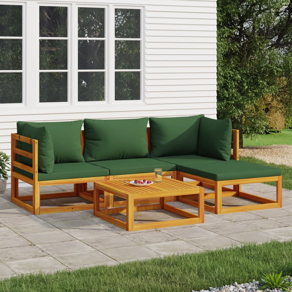 vidaXL 5 Piece Patio Lounge Set with Green Cushions Solid Wood-0