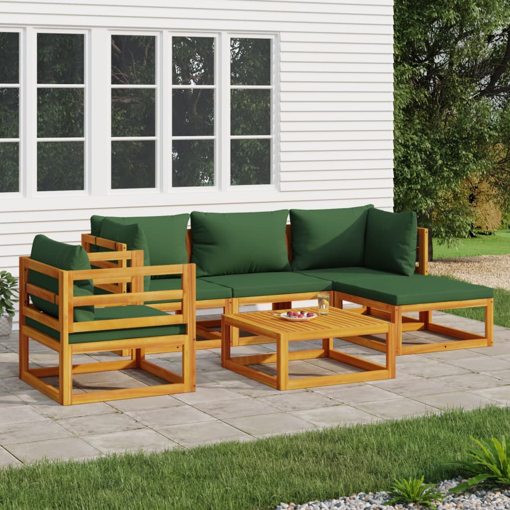 vidaXL 6 Piece Patio Lounge Set with Green Cushions Solid Wood-0