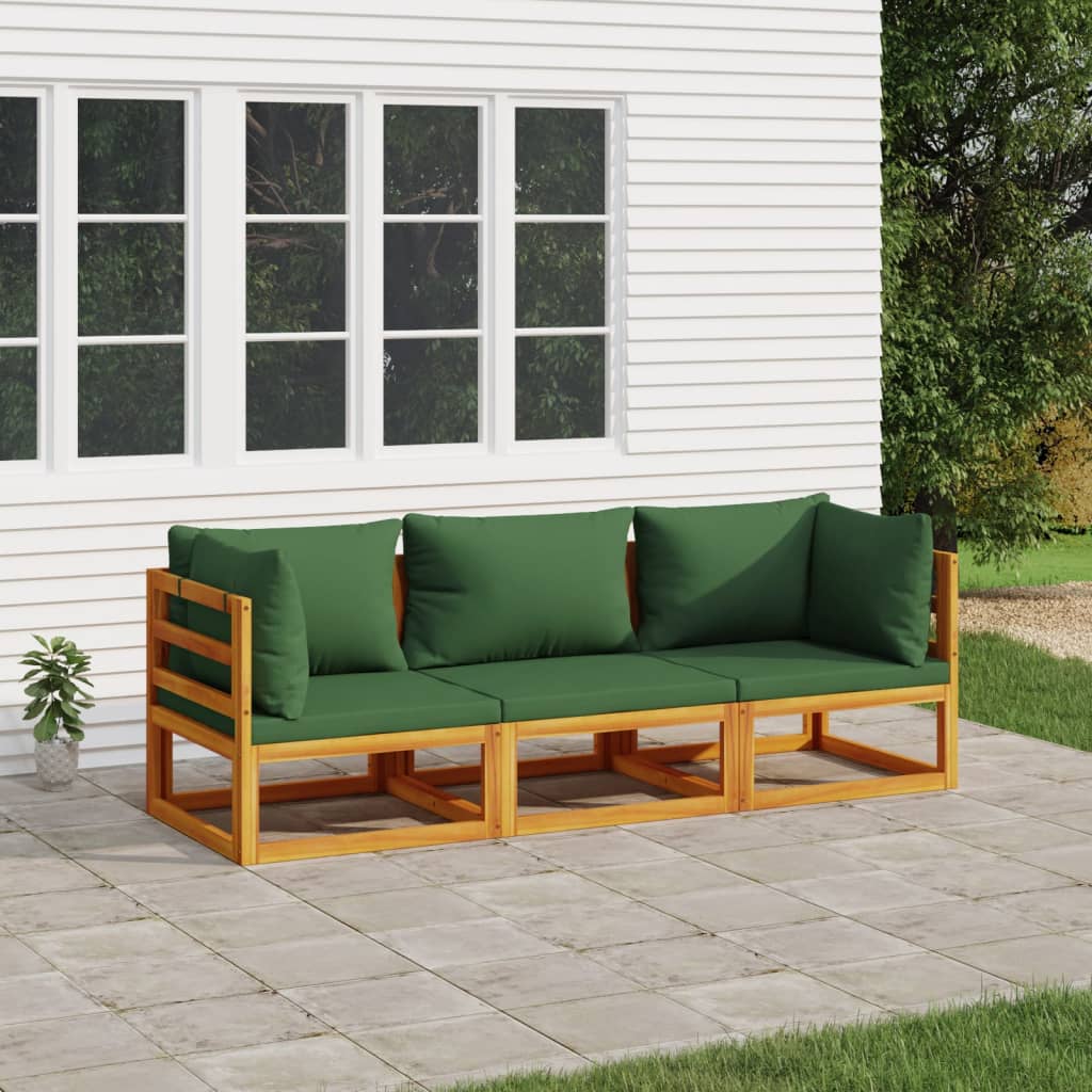 vidaXL 3 Piece Patio Lounge Set with Green Cushions Solid Wood-0