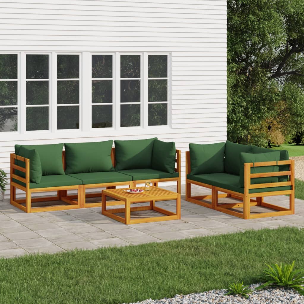 vidaXL 6 Piece Patio Lounge Set with Green Cushions Solid Wood-0