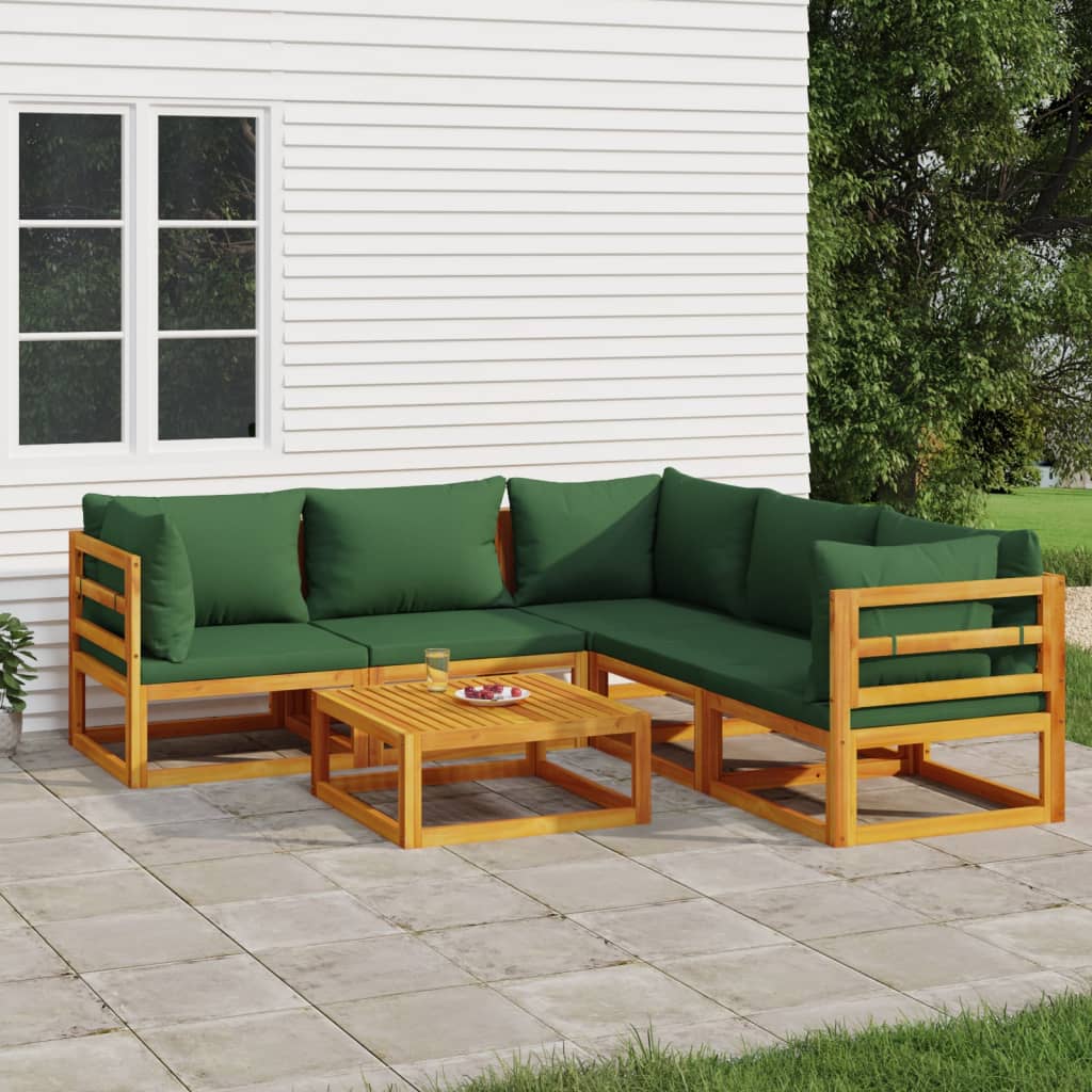 vidaXL 6 Piece Patio Lounge Set with Green Cushions Solid Wood-0