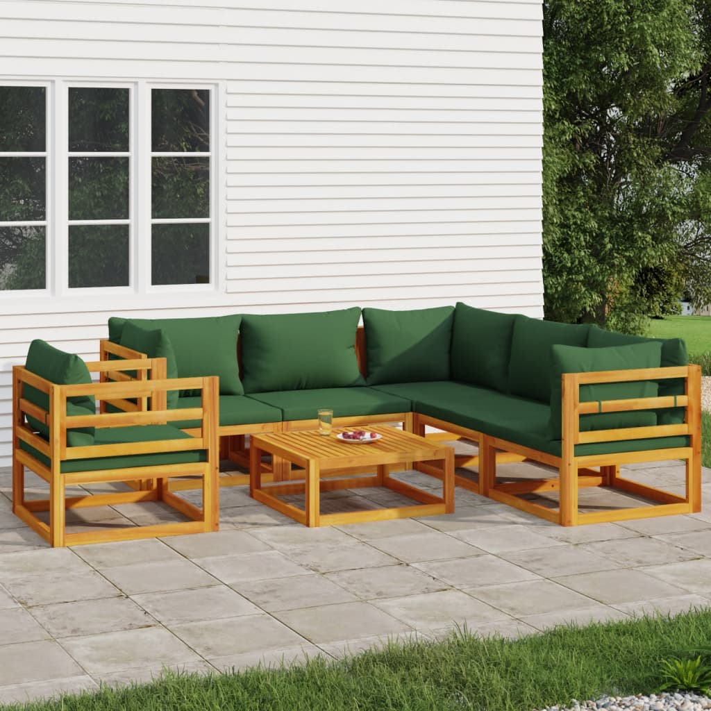 vidaXL 7 Piece Patio Lounge Set with Green Cushions Solid Wood-0