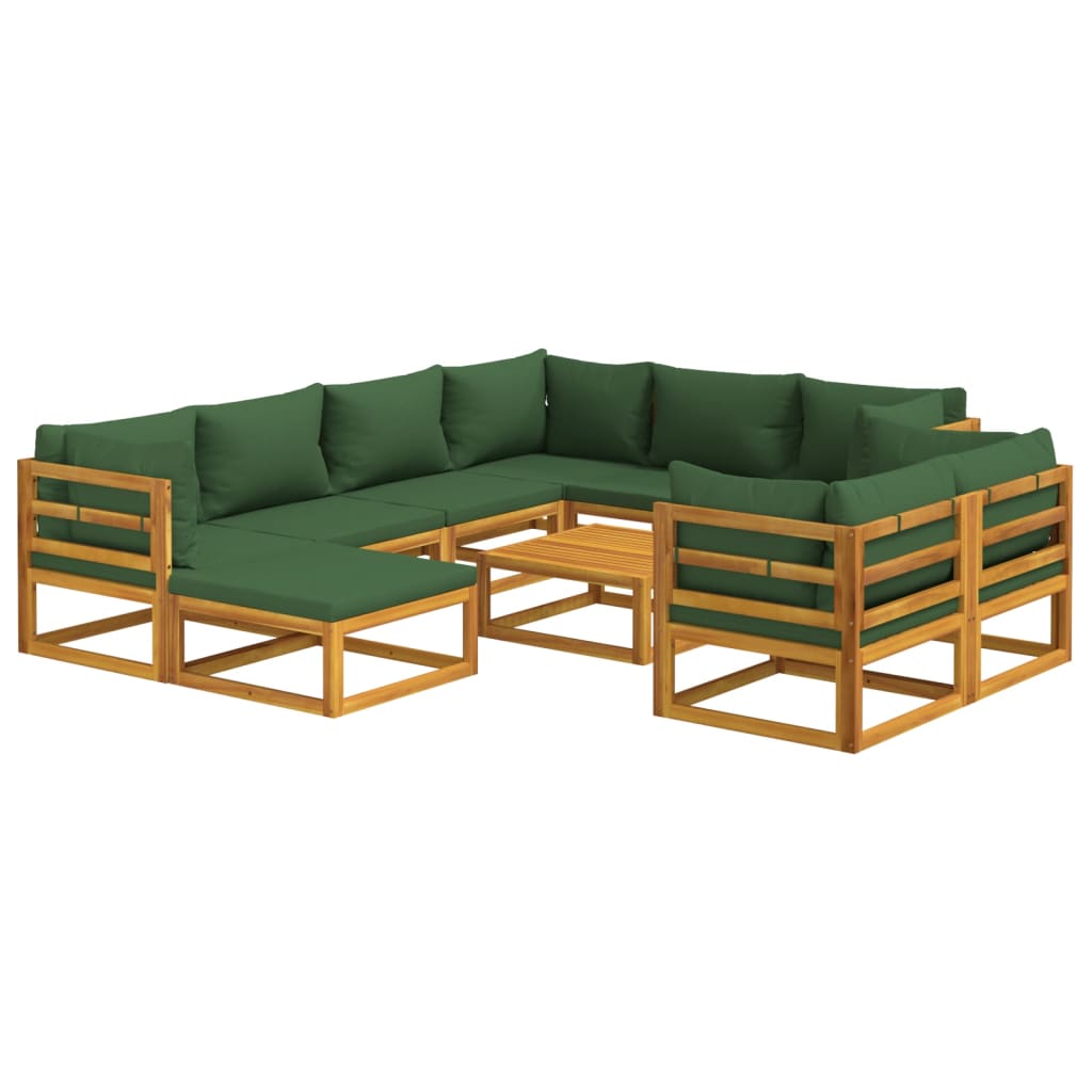 vidaXL 10 Piece Patio Lounge Set with Green Cushions Solid Wood-1