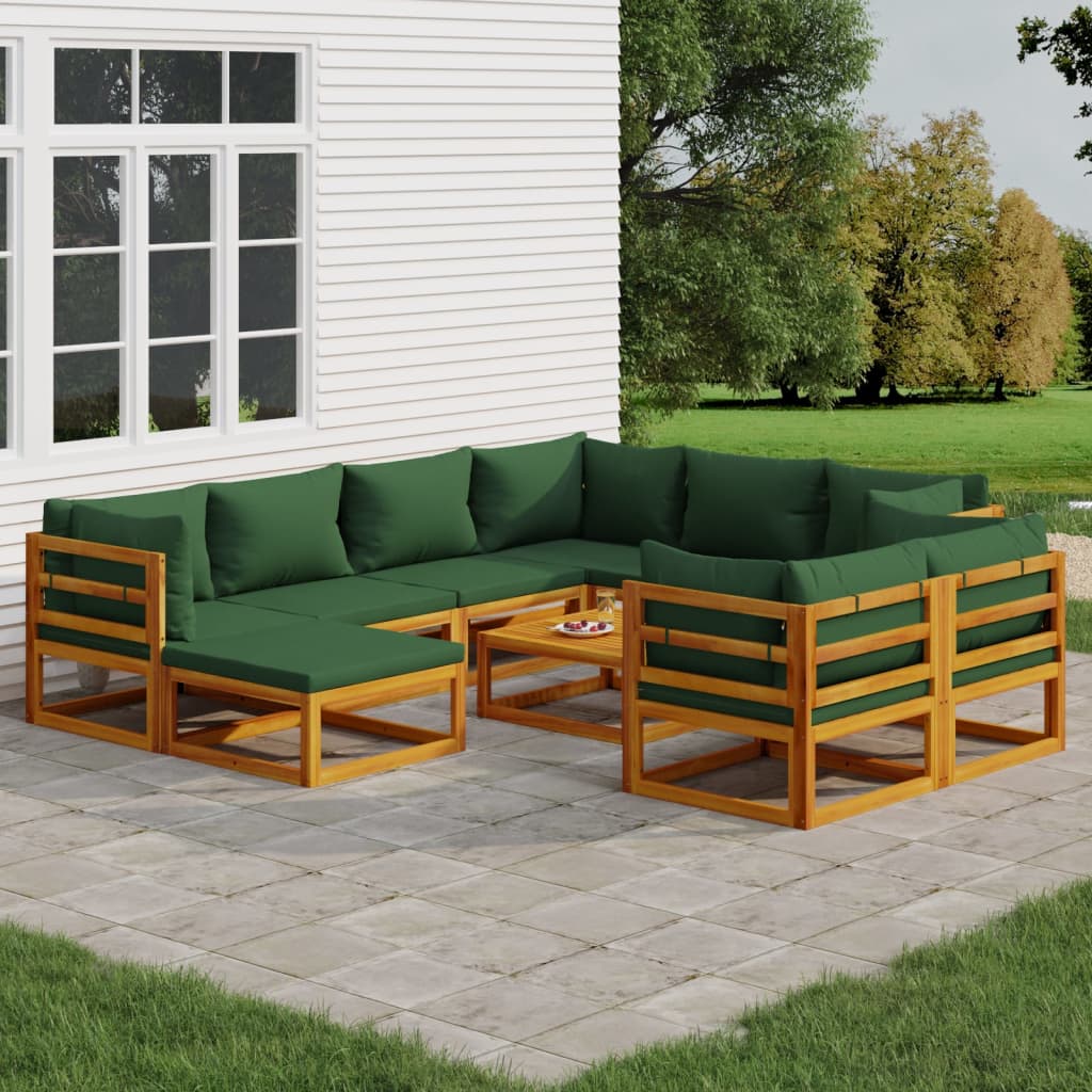 vidaXL 10 Piece Patio Lounge Set with Green Cushions Solid Wood-0